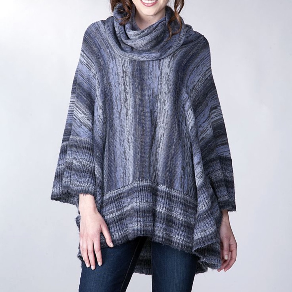 ANGELENO Boutique Style Cozy Cowl Neck Sweater  Poncho with Striped Pattern EUC